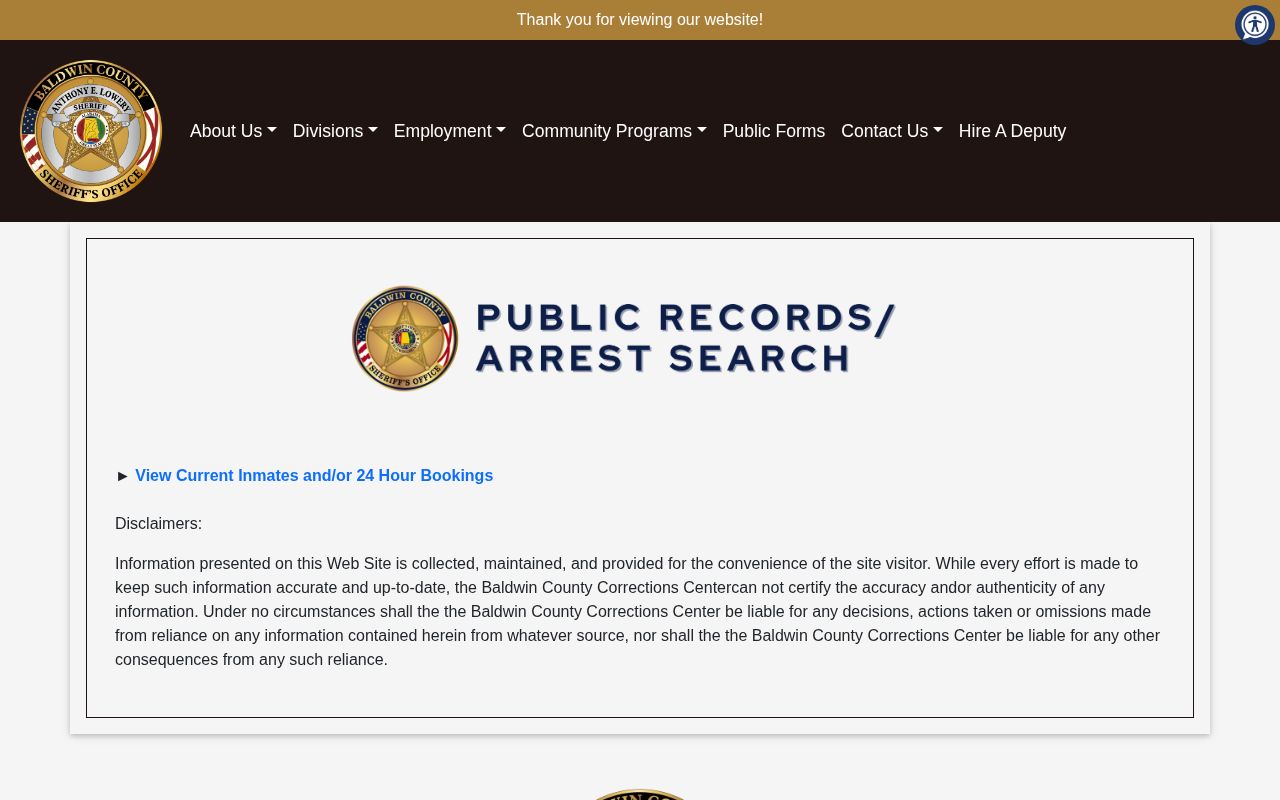 Baldwin County Sheriff recent arrest search landing page