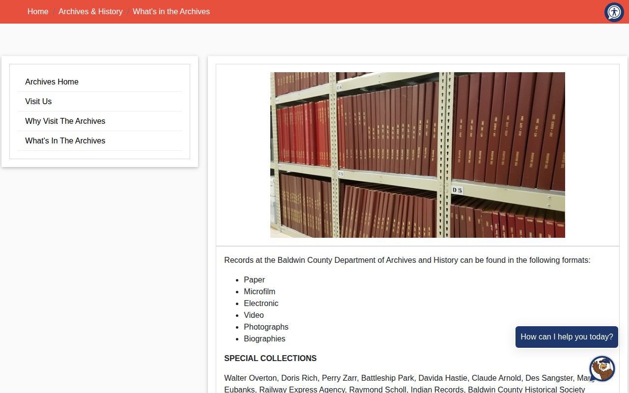 Baldwin County Archives page explaining that police records are not in its holdings
